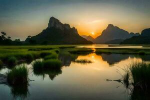 de zon sets over- een berg reeks en een rivier. ai-gegenereerd foto