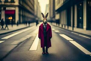 een konijn vervelend een rood jas en stropdas staand in de midden- van een stad straat. ai-gegenereerd foto