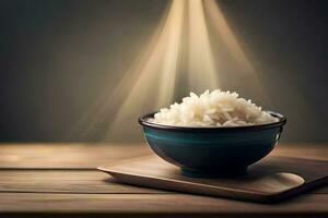 een kom van rijst- Aan een houten tafel. ai-gegenereerd foto