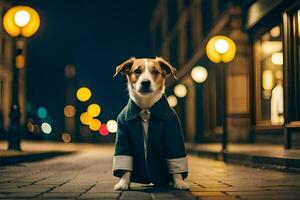 een hond vervelend een jasje en stropdas Aan de straat Bij nacht. ai-gegenereerd foto