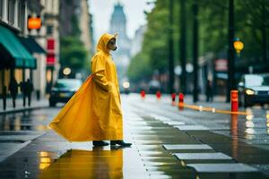 een persoon in een geel regenjas staand Aan een nat straat. ai-gegenereerd foto