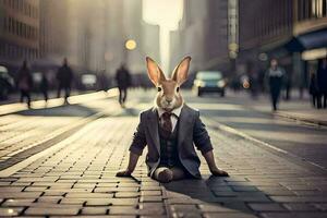 een konijn gekleed in een pak en stropdas zit Aan de grond. ai-gegenereerd foto