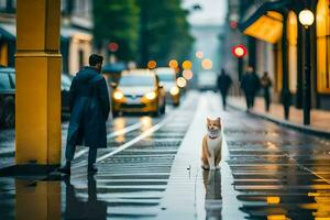 een persoon en een kat wandelen naar beneden een nat straat. ai-gegenereerd foto