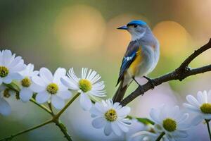 een blauw en geel vogel zit Aan een Afdeling met wit bloemen. ai-gegenereerd foto