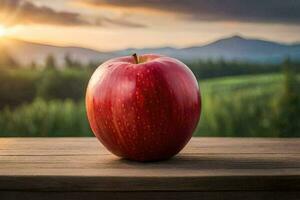 een appel zit Aan een houten tafel in voorkant van een zonsondergang. ai-gegenereerd foto