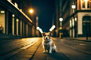 een hond zittend Aan de straat Bij nacht. ai-gegenereerd foto