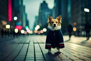een hond vervelend een jasje staand Aan een stad straat. ai-gegenereerd foto
