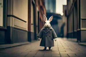een konijn gekleed in een jas en stropdas wandelingen naar beneden een straat. ai-gegenereerd foto