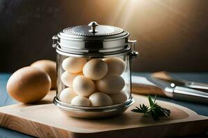 eieren in een pot Aan een snijdend bord. ai-gegenereerd foto