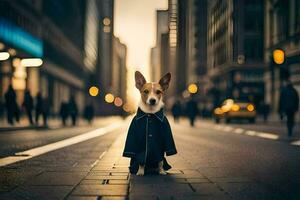 een hond vervelend een jas staand Aan de straat. ai-gegenereerd foto