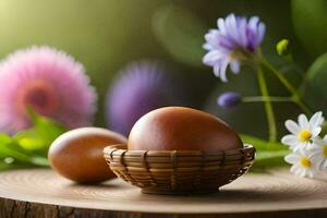 eieren in een mand Aan een houten tafel. ai-gegenereerd foto