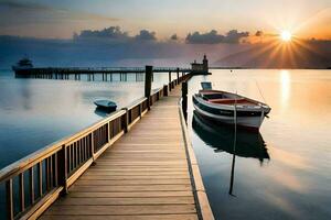 een boot aangemeerd Bij de pier Bij zonsondergang. ai-gegenereerd foto