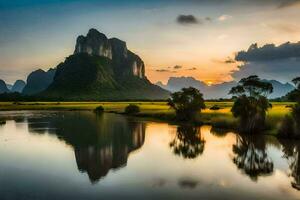 de zon stijgt over- de bergen in China. ai-gegenereerd foto