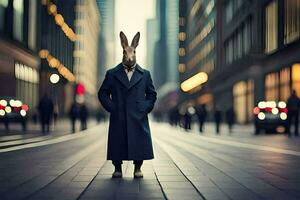 een konijn vervelend een jas en staand in de midden- van een stad straat. ai-gegenereerd foto