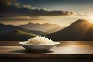 rijst- in een kom Aan een tafel in voorkant van bergen. ai-gegenereerd foto