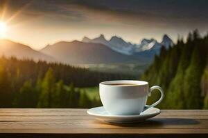 koffie kop Aan de tafel in de bergen. ai-gegenereerd foto