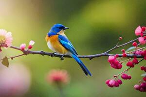 een blauw en oranje vogel zit Aan een Afdeling met roze bloemen. ai-gegenereerd foto