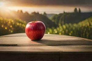 een appel zit Aan top van een houten tafel in voorkant van een veld. ai-gegenereerd foto