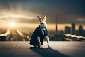 een konijn vervelend een pak en stropdas zittend Aan een richel. ai-gegenereerd foto