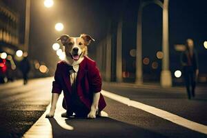 een hond in een rood pak en stropdas zittend Aan de straat Bij nacht. ai-gegenereerd foto