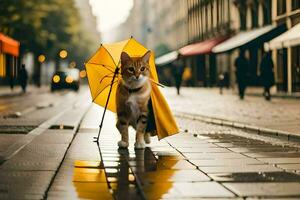 een kat wandelen in de regen met een paraplu. ai-gegenereerd foto