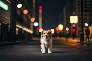 een hond staand in de midden- van een stad straat Bij nacht. ai-gegenereerd foto