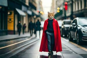 een kat vervelend een rood jas en wandelen naar beneden een straat. ai-gegenereerd foto