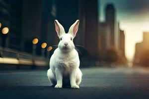 wit konijn zittend Aan de weg in de stad. ai-gegenereerd foto