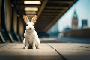 een wit konijn zittend Aan een trottoir in voorkant van een stad. ai-gegenereerd foto