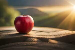 een appel zit Aan top van een houten tafel met de zon schijnend achter het. ai-gegenereerd foto