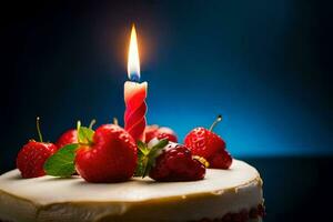 een verjaardag taart met een single kaars. ai-gegenereerd foto