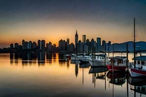 boten zijn aangemeerd in de water Bij zonsondergang. ai-gegenereerd foto