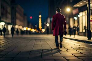 een Mens in een rood jas wandelingen naar beneden een straat Bij nacht. ai-gegenereerd foto