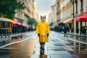 een kat in een regenjas wandelen naar beneden een straat. ai-gegenereerd foto