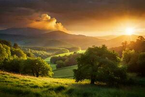 de zon sets over- een groen veld- en heuvels. ai-gegenereerd foto