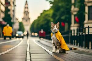 een kat in een geel kaap staand Aan een straat. ai-gegenereerd foto