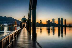 een pier met een brug leidend naar een stad horizon Bij zonsondergang. ai-gegenereerd foto