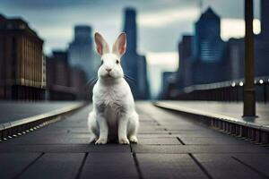 een wit konijn zittend Aan een loopbrug in voorkant van een stad. ai-gegenereerd foto