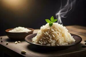 de rijst- is stomen en de specerijen zijn besprenkeld Aan de bord. ai-gegenereerd foto