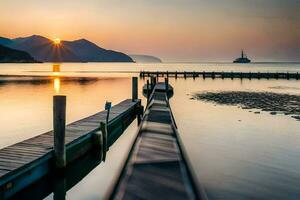 een boot pier Bij zonsondergang met bergen in de achtergrond. ai-gegenereerd foto