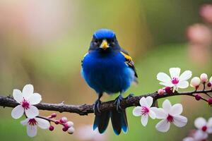 een blauw vogel zit Aan een Afdeling met bloemen. ai-gegenereerd foto