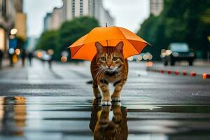 een kat wandelen Aan een nat straat met een paraplu. ai-gegenereerd foto