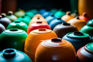 veel kleurrijk potten zijn geregeld in een rij. ai-gegenereerd foto