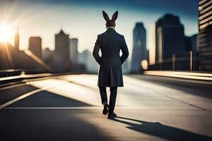 een Mens vervelend een konijn hoofd wandelen Aan een brug. ai-gegenereerd foto
