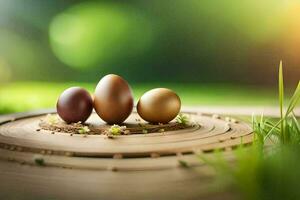 drie eieren zijn zittend Aan een houten tafel. ai-gegenereerd foto