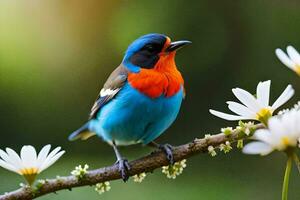 een kleurrijk vogel zit Aan een Afdeling met wit bloemen. ai-gegenereerd foto