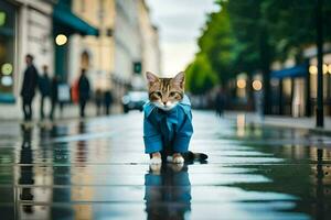 een kat in een blauw jasje staand Aan een nat straat. ai-gegenereerd foto