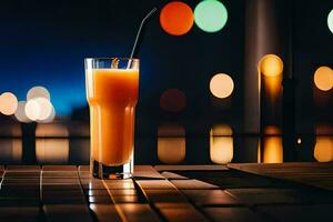 een glas van oranje sap zittend Aan een tafel in voorkant van een stad horizon. ai-gegenereerd foto
