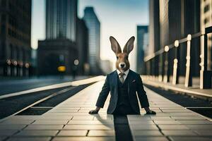een konijn in een pak en stropdas zittend Aan de straat. ai-gegenereerd foto