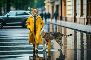 een vrouw in een geel regenjas en kat wandelen naar beneden een straat. ai-gegenereerd foto